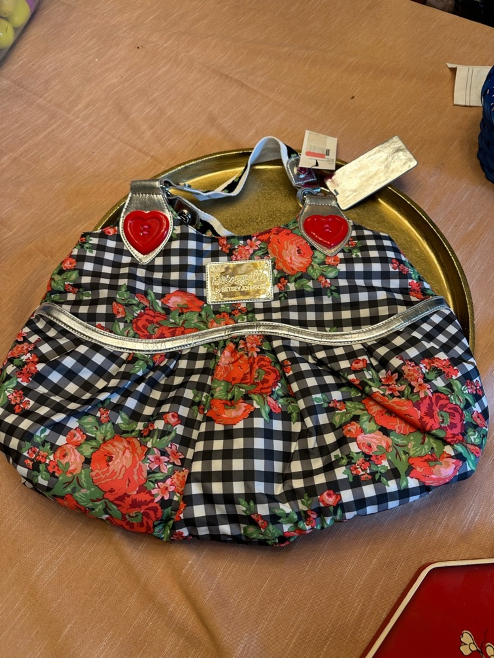 Betsey Johnson Betseyville Black Gingham Floral Rose Heart Purse Bag Vintage NWT